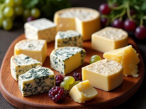 Una ricca selezione di formaggi stagionati su un tagliere di legno.