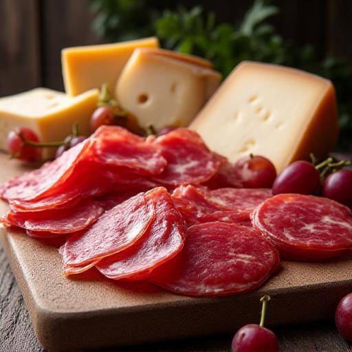 Selezione di prosciutti e formaggi stagionati.