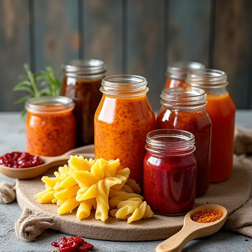 Vasi di conserve e pasta artigianale.