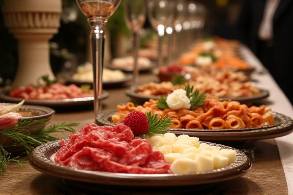 Un tavolo da buffet allestito con taglieri e specialità per un evento.
