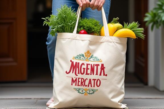 Una borsa ecologica di Magenta Mercato pronta per la consegna.